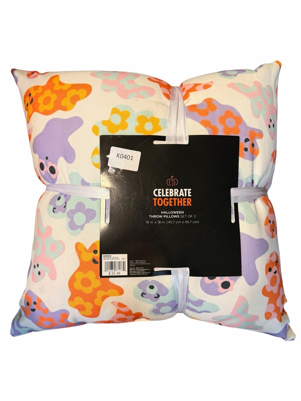 NEW Two Pack Halloween Throw Pillows Pastel Ghost Colors 18x18